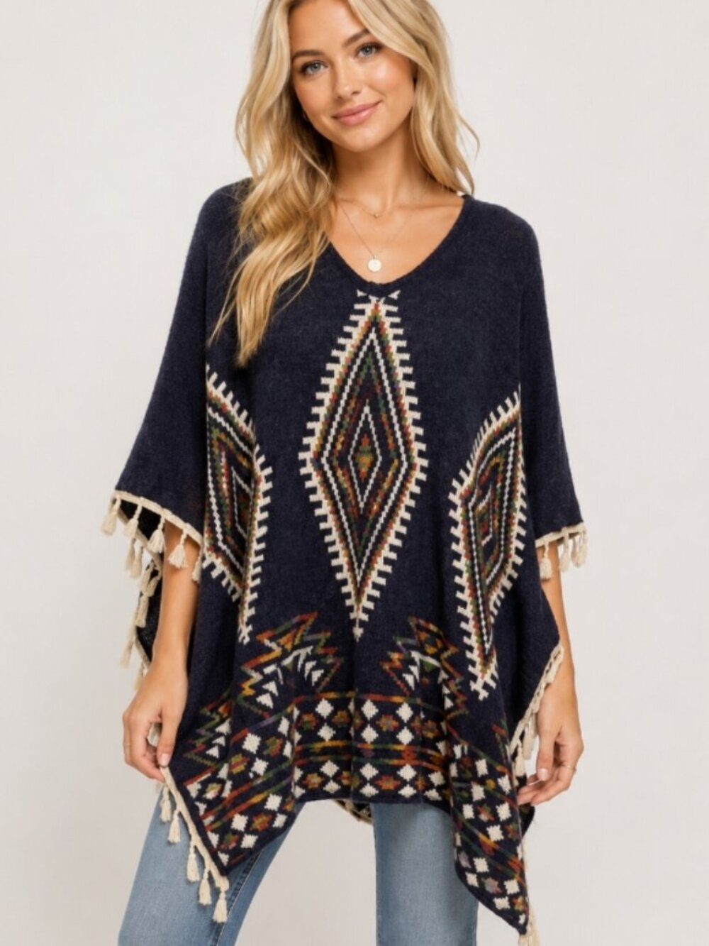 Original USA blue aztec southwest print fringe trim colorful knit poncho sweater